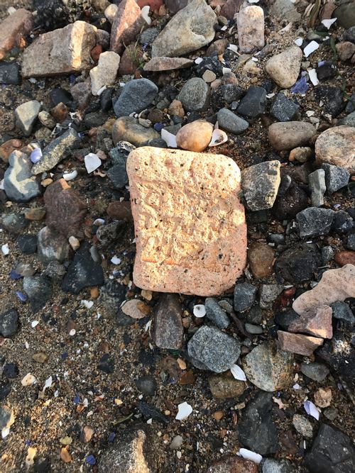 A rough-looking (maybe old concrete or aggregate) very weathered sandy-colored cobble with what appears to be writing. Too worn to make out the words.