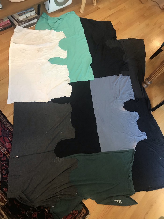 Approximately rectangular piece with straight sides made of four T-shirt columns