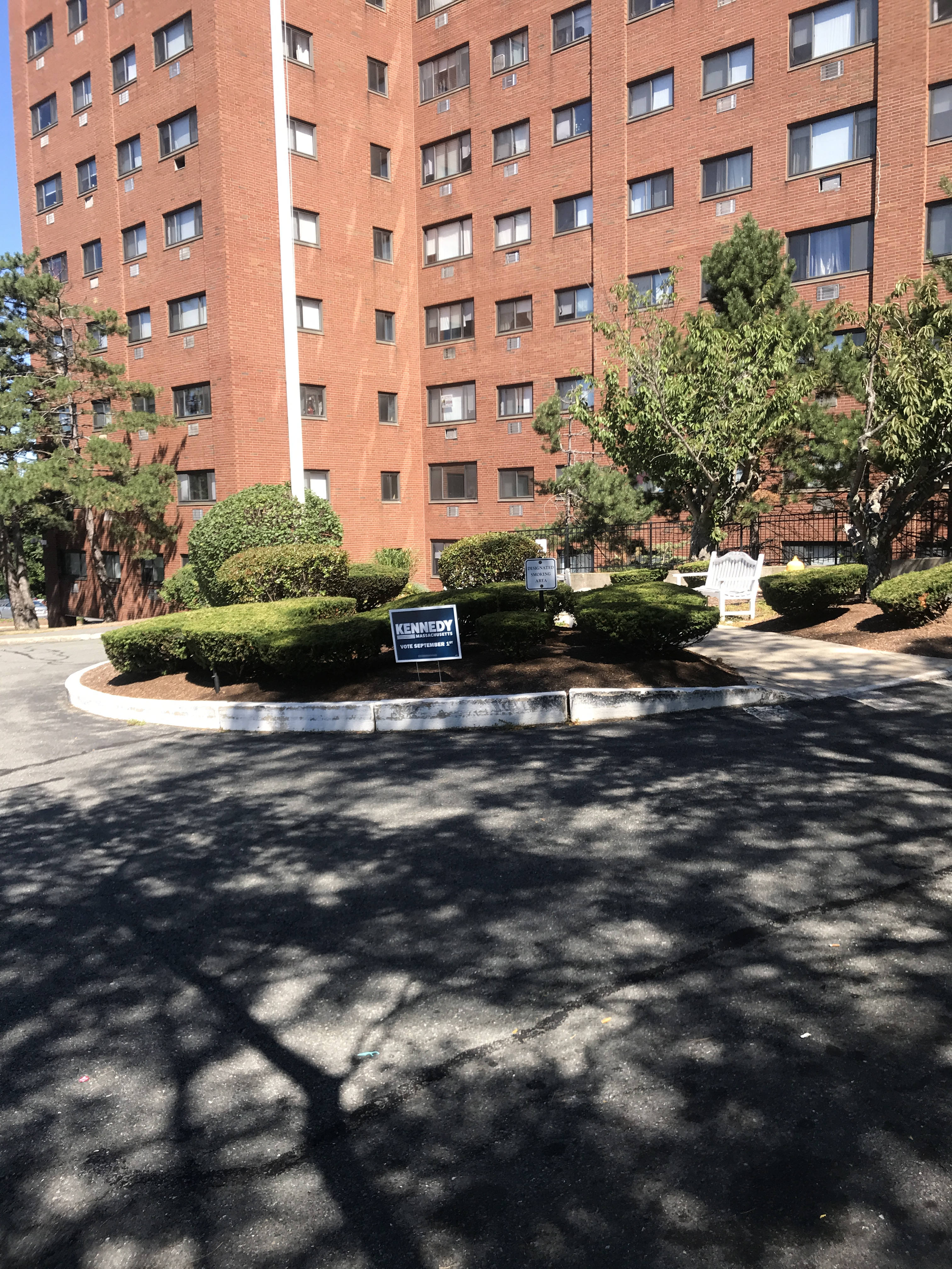 In a mulchy circular traffic island, a single Kennedy political sign sticks up.