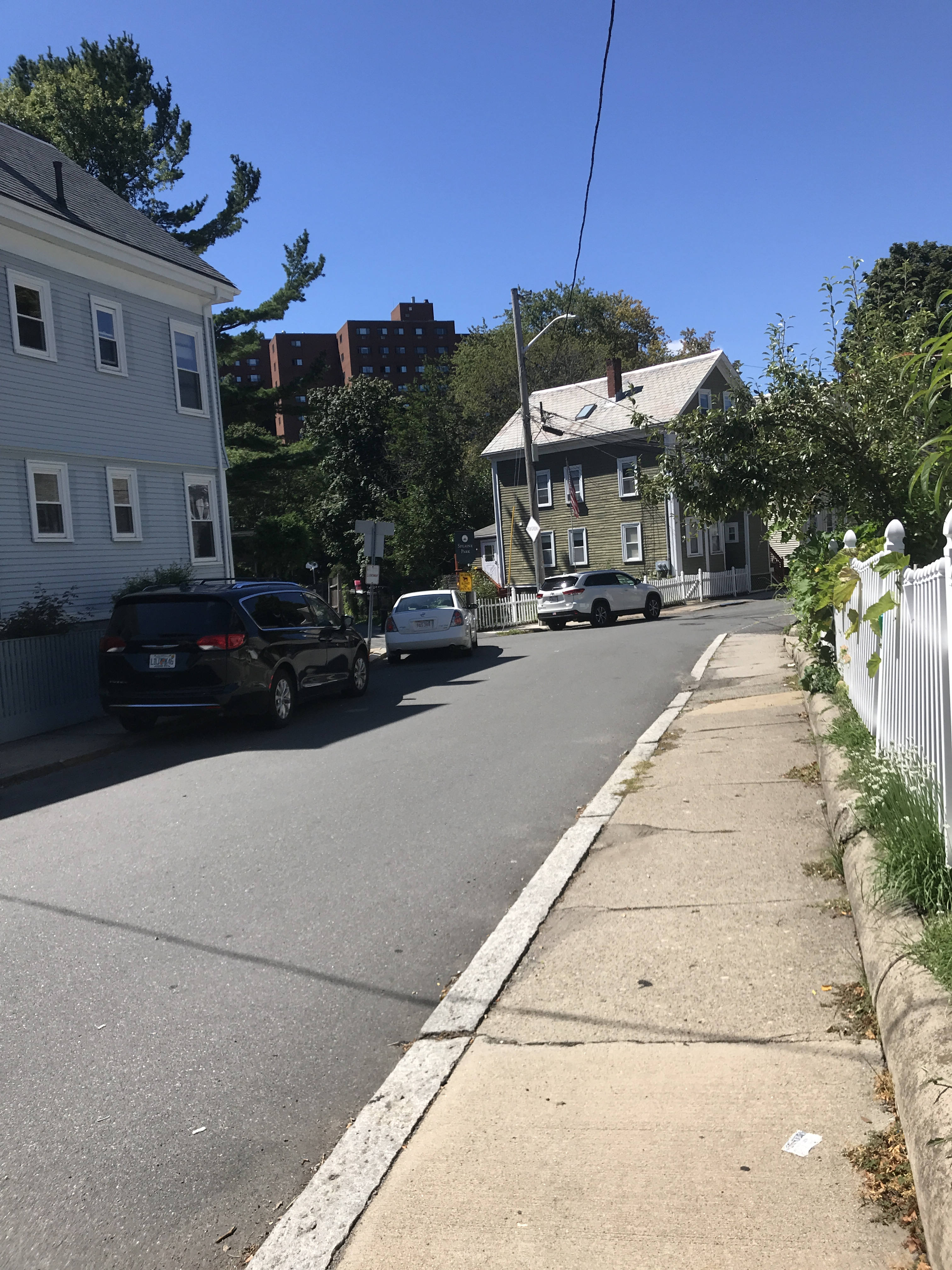 A residential street with 18th-20th -century houses.