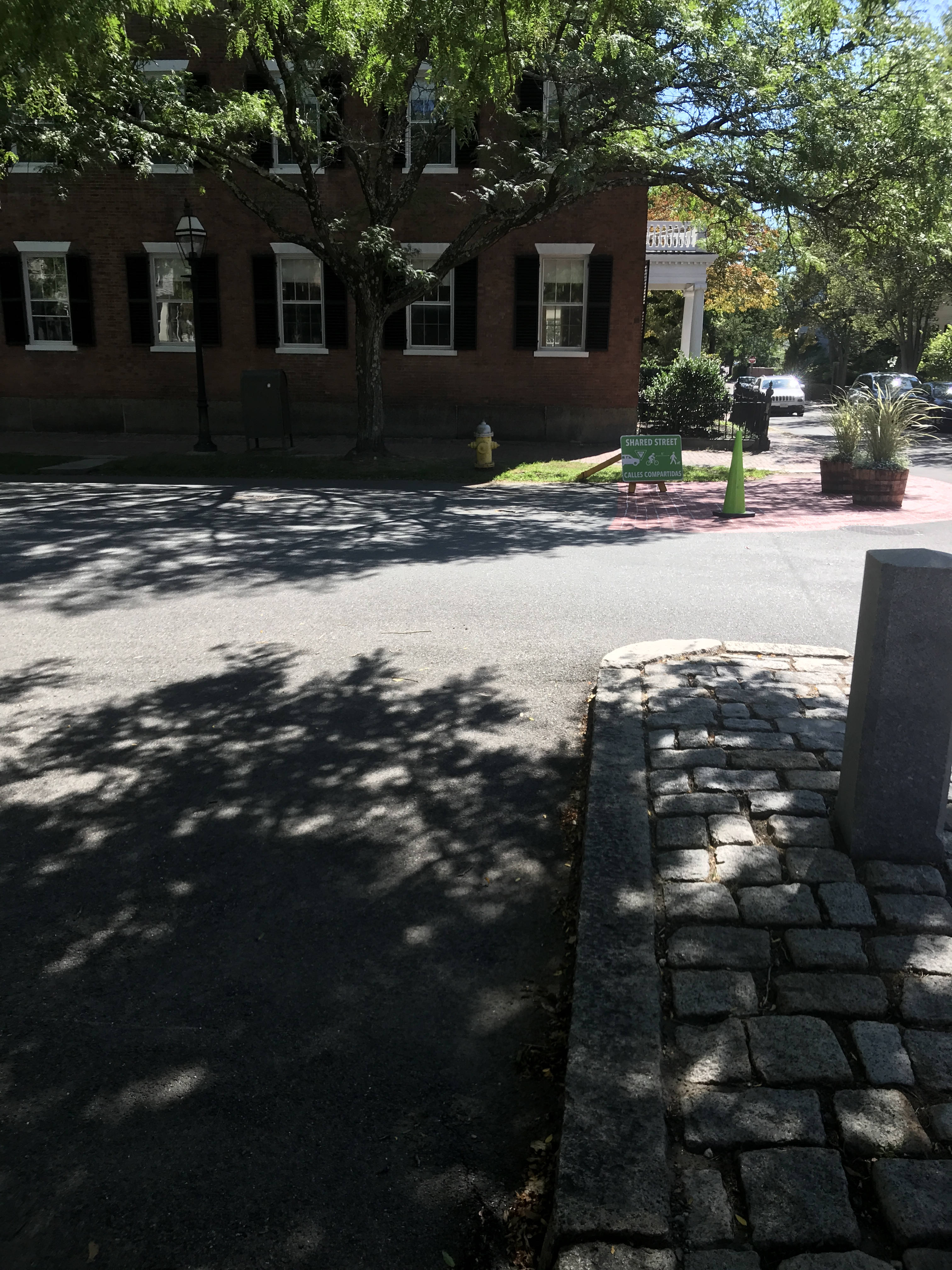 View of 'Shared Street' sign on a shaded street. Granite hitching posts in foreground.
