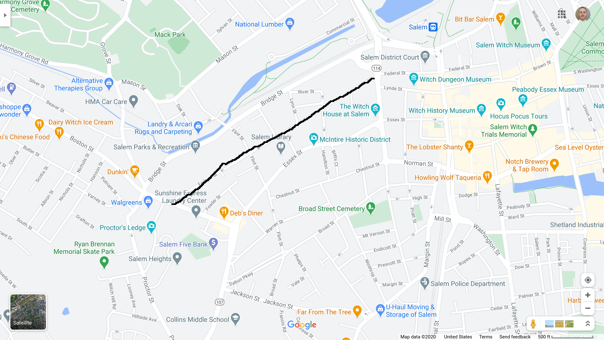 A google map showing a line drawn on Federal Street from Summer Street to Boston Street