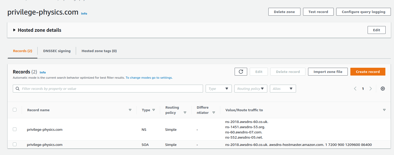 image of route53 UI showing two records