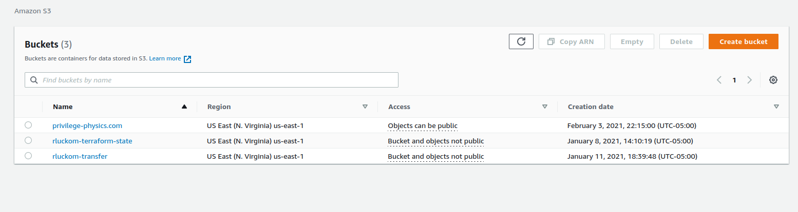 View of the s3 buckets page showing bucket called privilege-physics.com