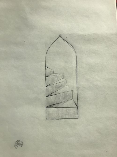 A pencil sketch, portrait orientation. In the center of the page is a doorway with a pointed-arch top and no door. Through the doorway can be seen an ascending spiral staircase. At the bottom left corner of the sketch is a small rough polygon divided into triangles and missing a section, a bit like a nautilus shell, like a rough top-down view of a spiral staircase.