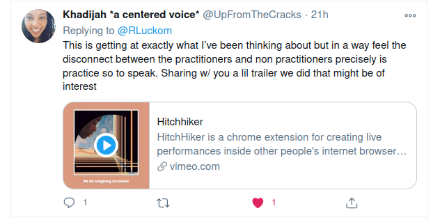 Tweet reads: This is getting at exactly what I’ve been thinking about but in a way feel the disconnect between the practitioners and non practitioners precisely is practice so to speak. Sharing w/ you a lil trailer we did that might be of interest